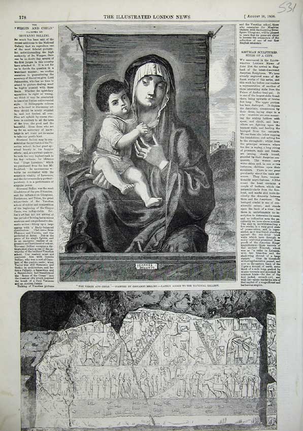 Original Old Antique Print 1856 Virgin Mother Baby Child Assyrian Sculpture