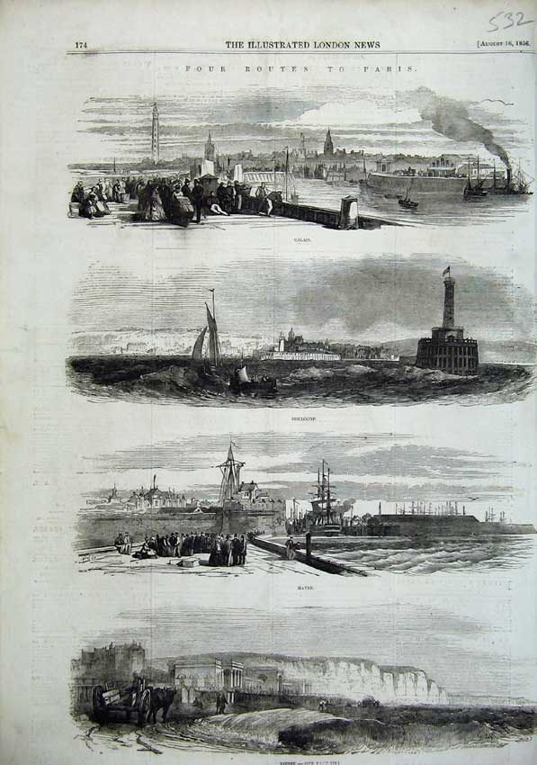Old Antique Print 1856 Paris Calais Boulogne Havre Dieppe France Fine Art 19th