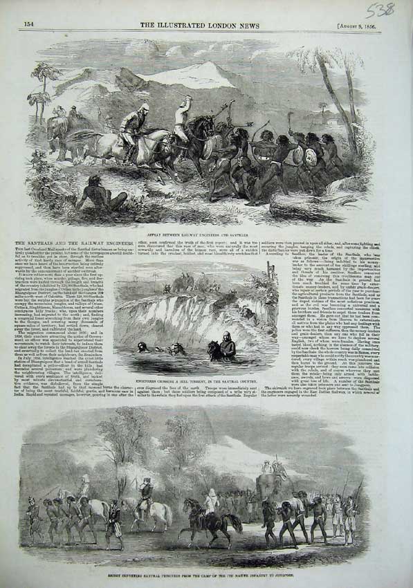 Old Antique Print 1856 Railway Engineers Santhals Fight Camp Jeypore War 19th
