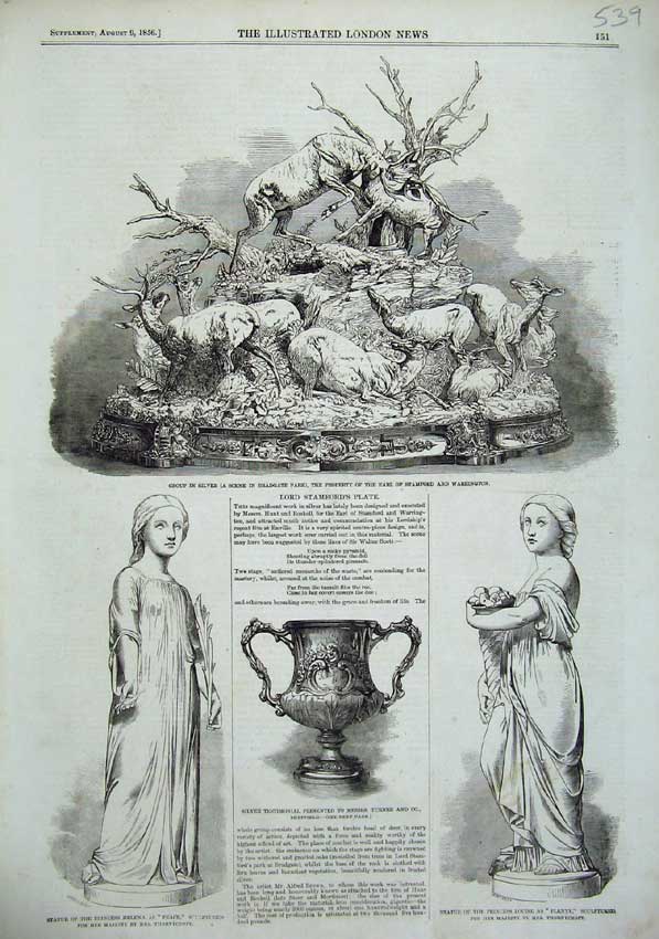 Old Antique Print 1856 Statue Princess Helena Louise Silver Ornament Deer 19th