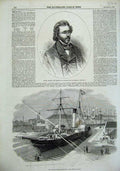 Original Old Antique Print 1856 Ship Graving Dock Lowestoft Colonel Fremont Man