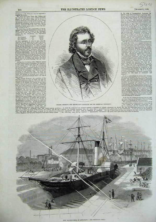 Original Old Antique Print 1856 Ship Graving Dock Lowestoft Colonel Fremont Man