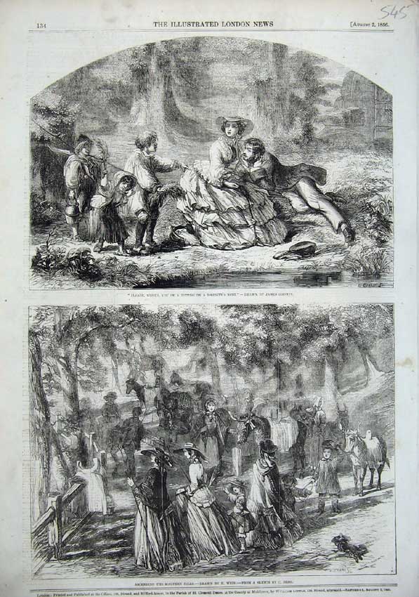 Original Old Antique Print 1856 Malvern Hills People Horse Country Harnitt Nest