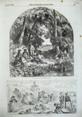 Old Antique Print 1856 River People Picnic Country Trees Beach Sea-Side 19th