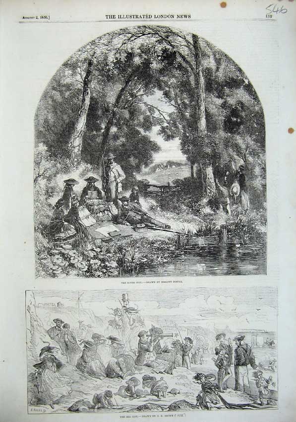 Old Antique Print 1856 River People Picnic Country Trees Beach Sea-Side 19th
