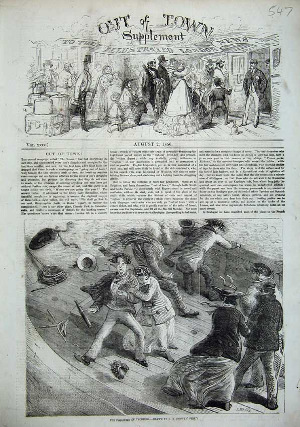 Original Old Antique Print 1856 Stormy Day Sea People Yacht Wind Blowing 19th