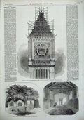 Old Antique Print 1856 Clock Tower Palace Westminster Museum Cirencester 19th
