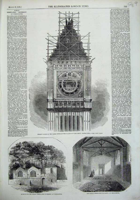 Old Antique Print 1856 Clock Tower Palace Westminster Museum Cirencester 19th