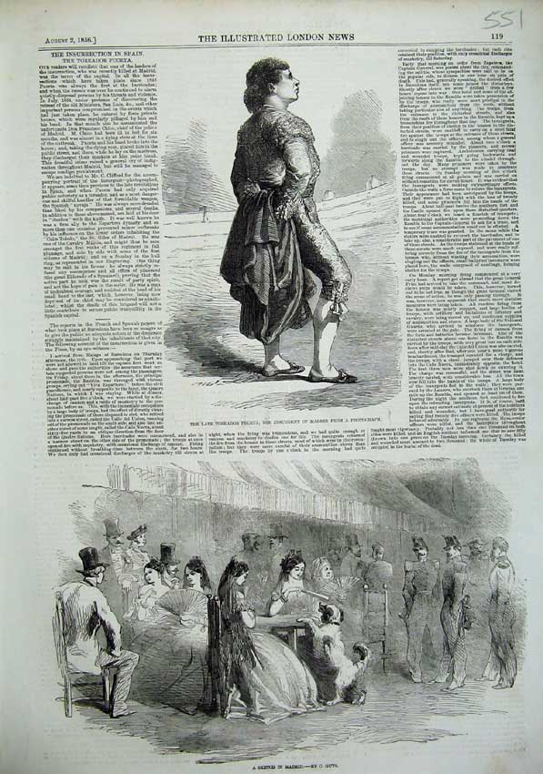 Old Antique Print 1856 Madrid People Spain Toreador Puceta Man Insurgent 19th
