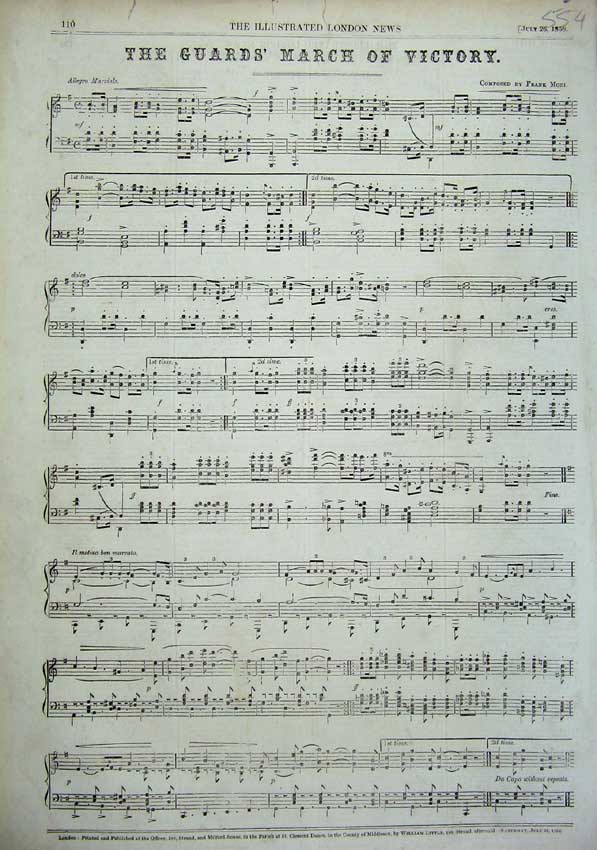 Original Old Antique Print 1856 Sheet Music Guards March Victory Frank Mori