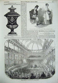 Original Old Antique Print 1856 Music Hall Surrey Gardens Mache Vase Theatre