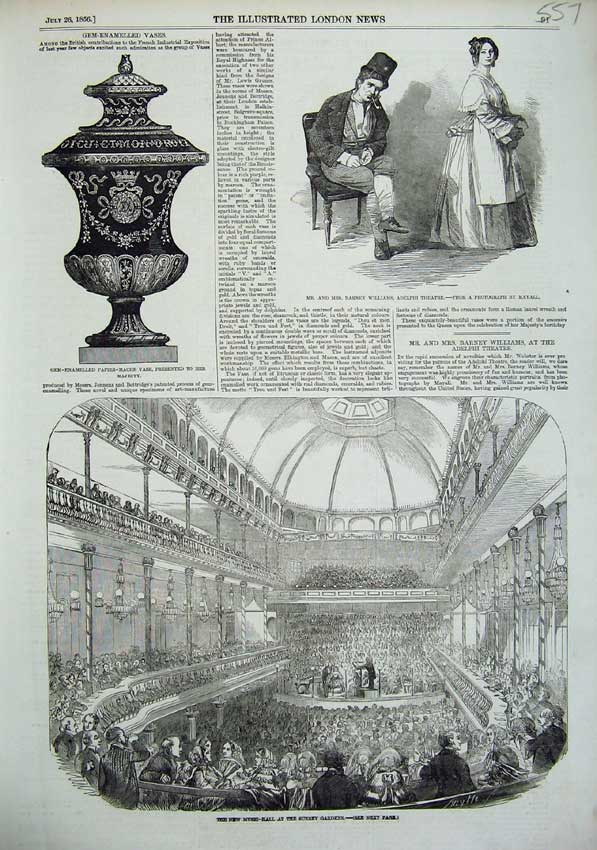 Original Old Antique Print 1856 Music Hall Surrey Gardens Mache Vase Theatre