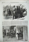 Old Antique Print 1856 Madrid Spain Street Scene Army Men Horses People 19th