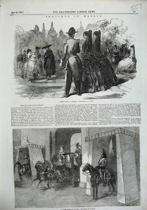 Old Antique Print 1856 Madrid Spain Street Scene Army Men Horses People 19th