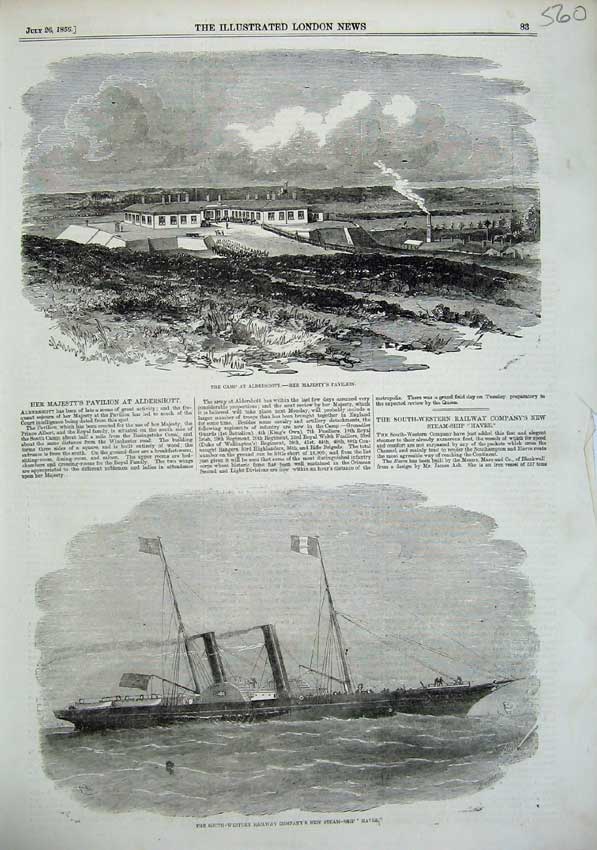 Old Antique Print 1856 Camp Aldershott Queen'S Pavilion Steam Ship Havre 19th