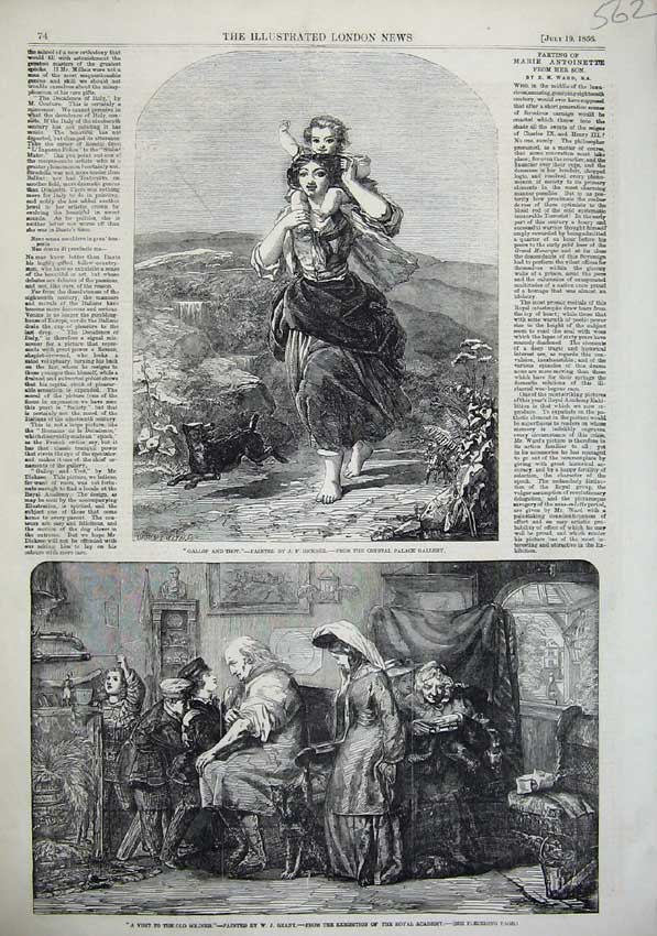 Original Old Antique Print 1856 Children Playing Dog Man Woman House Grant 19th
