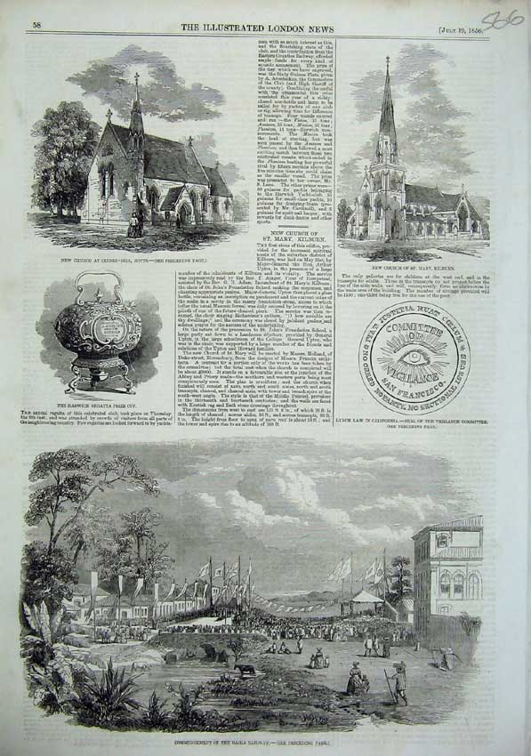 Old Antique Print 1856 Bahia Railway Church Mary Kilburn Cinder-Hill Cup 19th