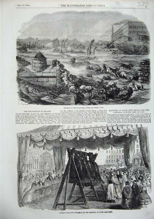 Old Antique Print 1856 Boulevard Lafayette Lyons Floods Bells Notre Paris 19th