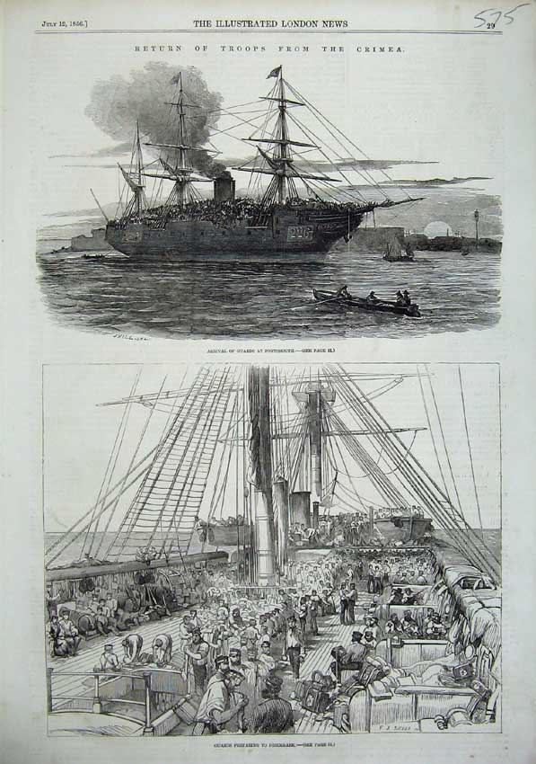 Original Old Antique Print Crimea War 1856 Guards Sailing Ship Portsmouth Army