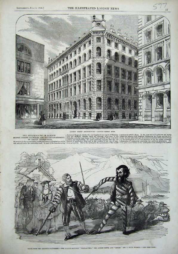 Old Antique Print Cannon Street Architecture 1856 Pantomime Theatre Tell 19th