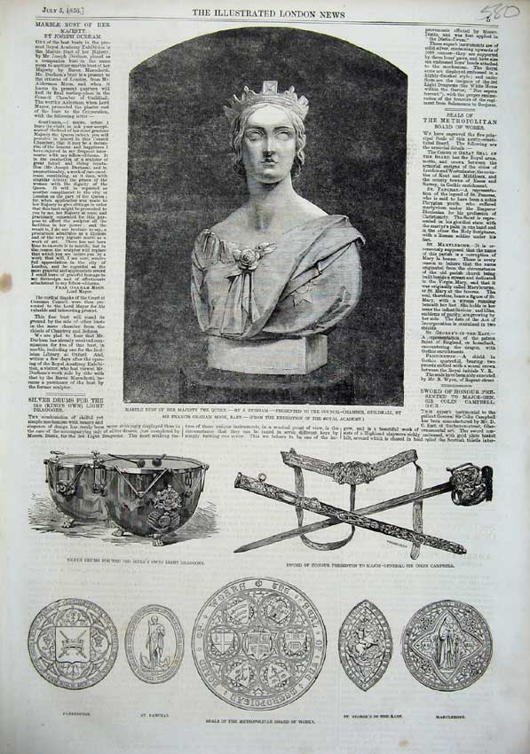 Old Antique Print 1856 Marble Bust Majesty Queen Seals Metropolitan Works 19th