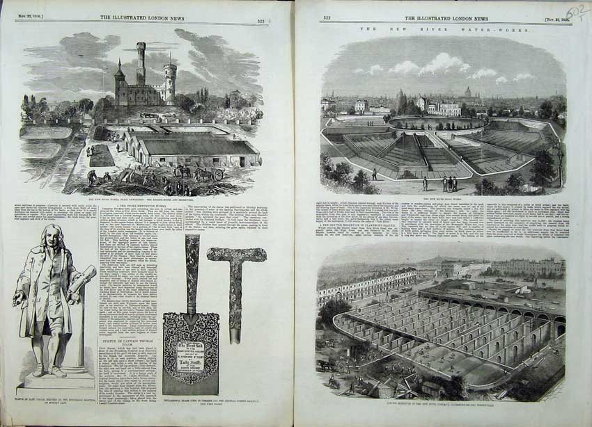 Old Antique Print 1856 River Water Works Resevoir Pentonville Coram Man 19th