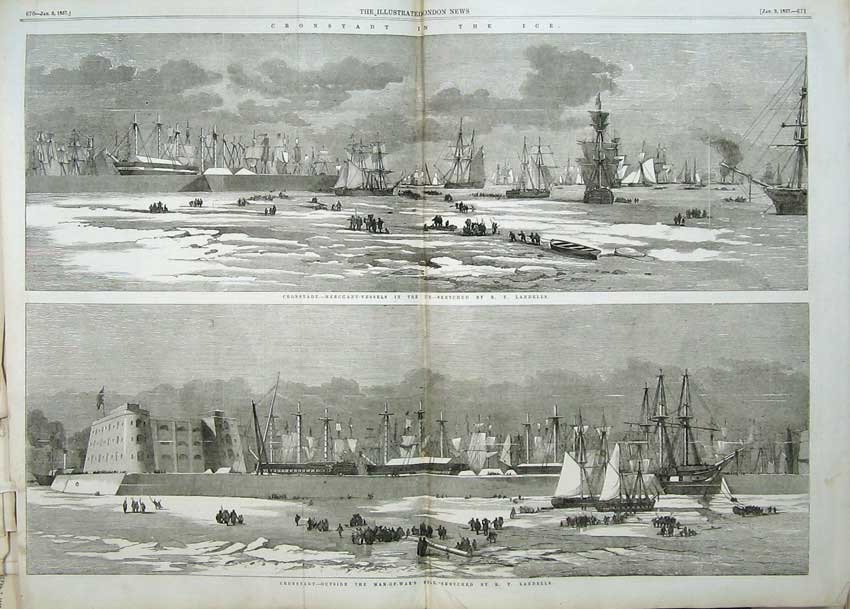 Old Antique Print 1857 Cronstadt Merchant Ship Ice Man-Of-War'S Mole Art 19th