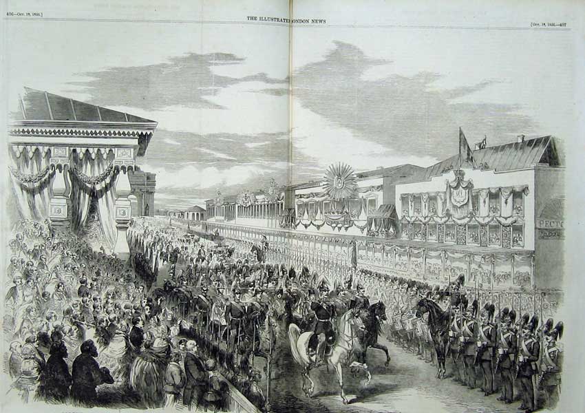 Original Old Antique Print 1856 Emperor Russia Moscow Army War People 19th