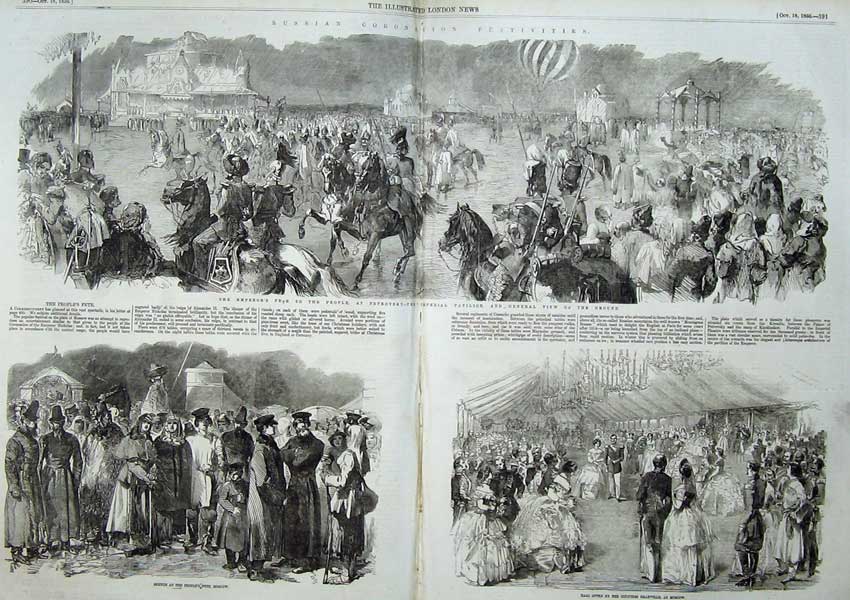 Old Antique Print 1856 Russian Coronation Fete Moscow Emperor Granville 19th