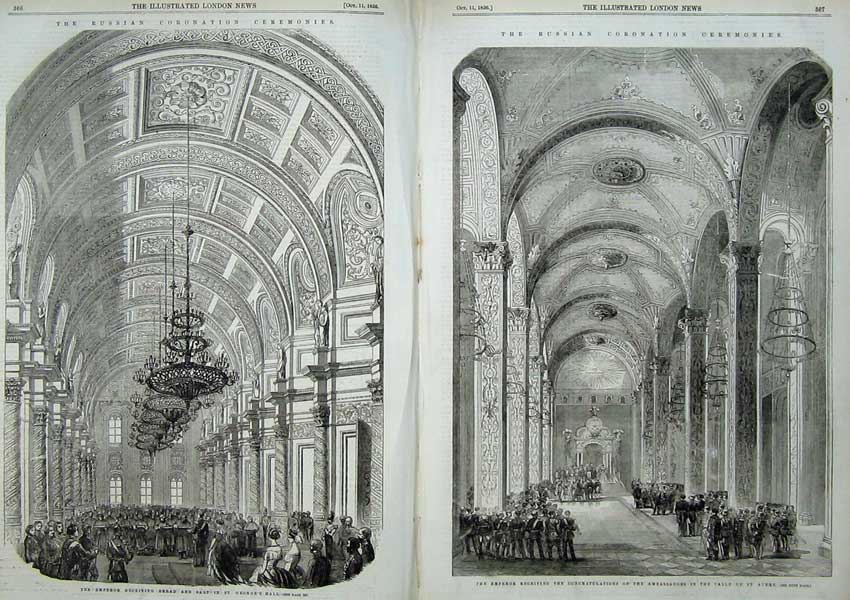 Original Old Antique Print Russian Coronation 1856 Salle Andre Georges Hall