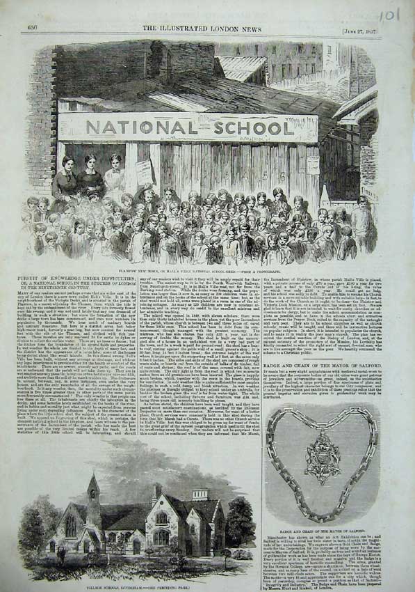 Old Antique Print 1857 Plaistow Ville School Shed Effingham Mayor Salford 19th