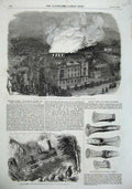 Old Antique Print 1857 Fire Camden Town Station Grassi Train Engine Celts 19th
