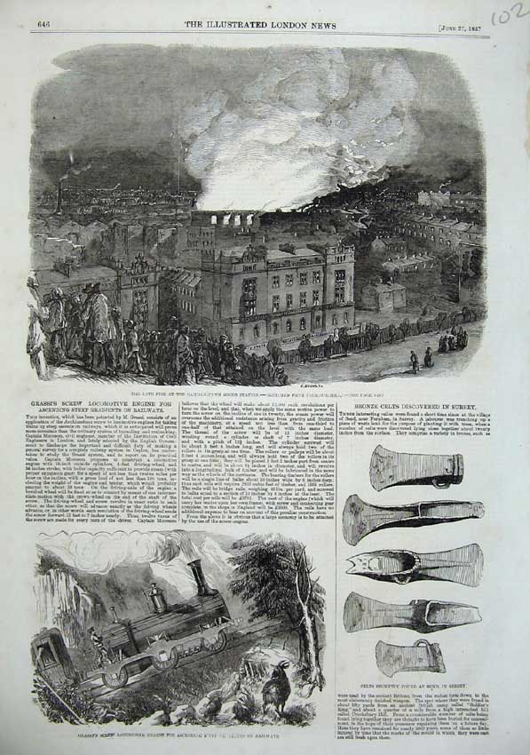 Old Antique Print 1857 Fire Camden Town Station Grassi Train Engine Celts 19th