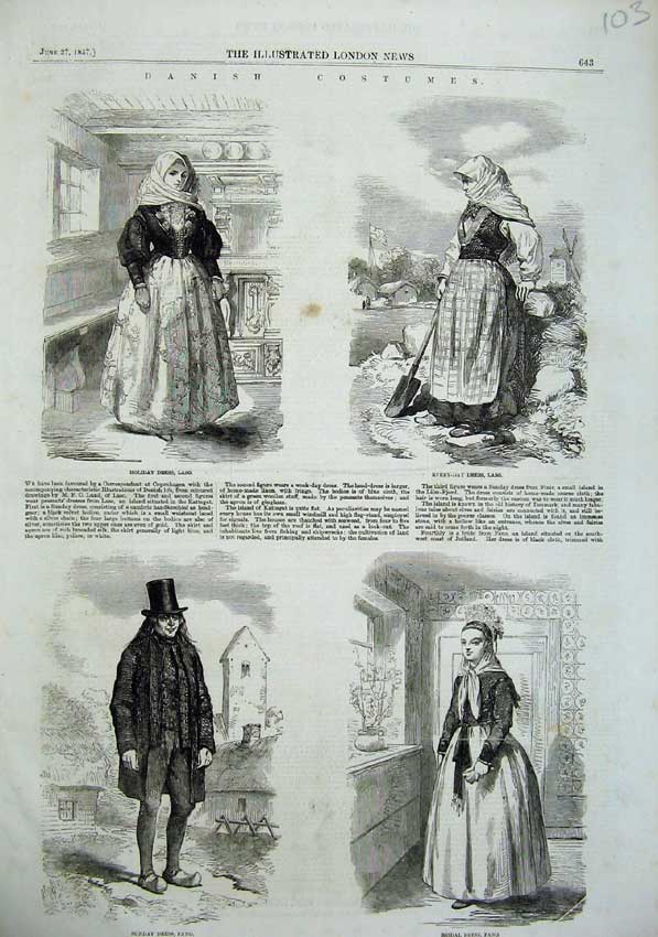 Old Antique Print 1857 Danish Costumes Laso Bridal Dress Sunday Holiday 19th