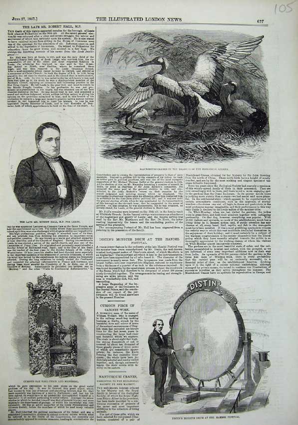 Old Antique Print Robert Hall Leeds 1857 Drum Handel Oak Chair Cranes Art 19th