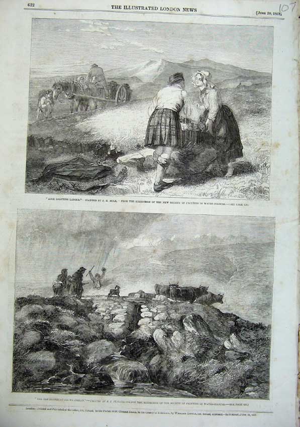 Original Old Antique Print 1857 Bridge Dorwyddelan Scottish Man Woman Romance