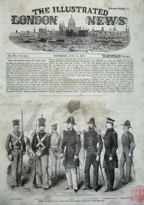 Original Old Antique Print 1857 Officers Marines Steam Frigate Ship Susquehanna