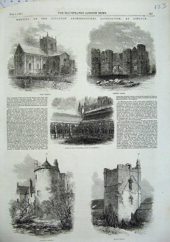 Old Antique Print 1857 Lincoln Torksey Castle Stow Church Cathedral Bruer 19th