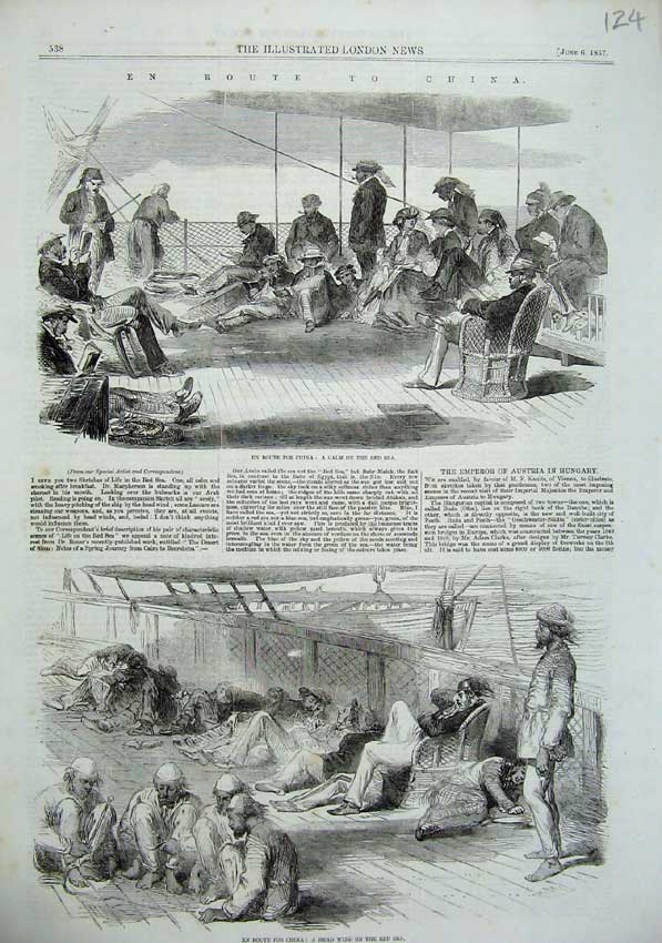 Original Old Antique Print 1857 Ship China Red Sea Men Deck Resting Victorian