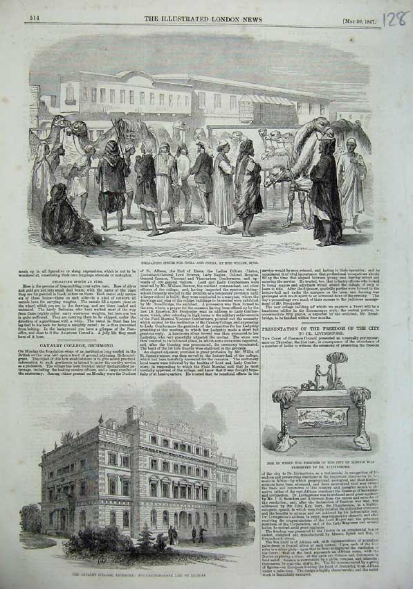 Old Antique Print 1857 Cavlary College Richmond Wharf Suez Specie London 19th