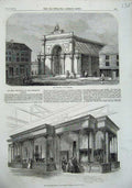 Old Antique Print 1857 Corn Hall Dereham Vulcanite Court Crystal Palace 19th