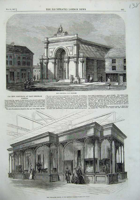 Old Antique Print 1857 Corn Hall Dereham Vulcanite Court Crystal Palace 19th