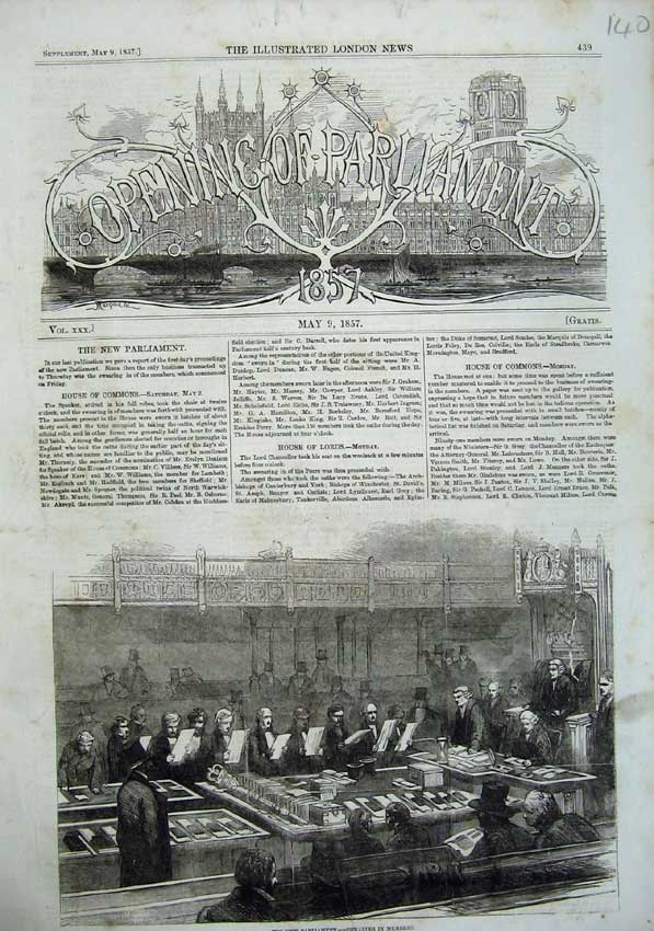 Original Old Antique Print 1857 Swearing New Members Parliament Men Victorian