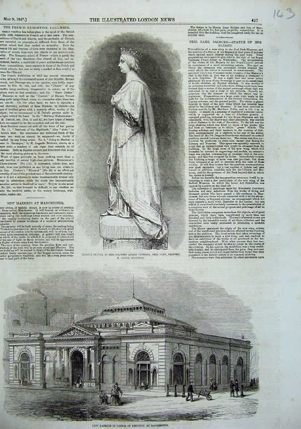 Original Old Antique Print 1857 Statue Queen Victoria Salford Market Manchester