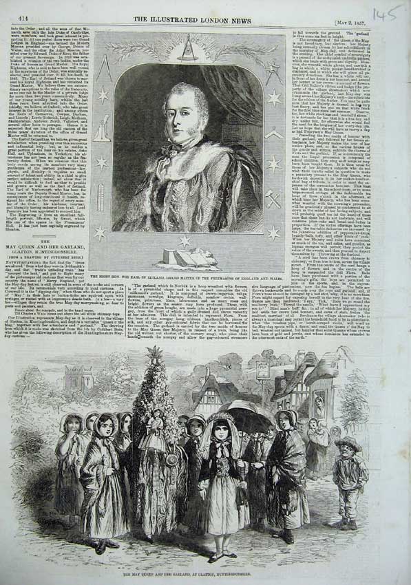 Old Antique Print May Queen Garland Glatton Huntingdonshire Earl Zetland