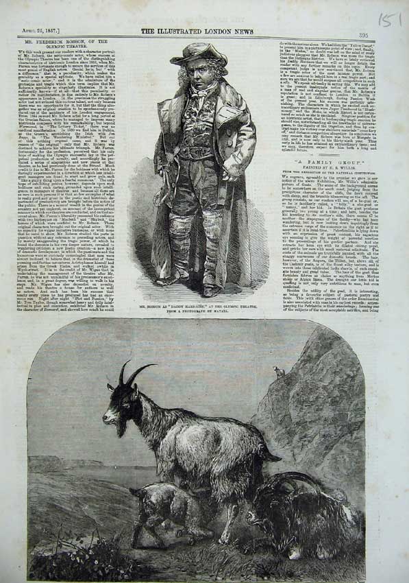 Old Antique Print 1857 Mr Robson Daddy Hardacre Olympic Theatre Goats Art 19th