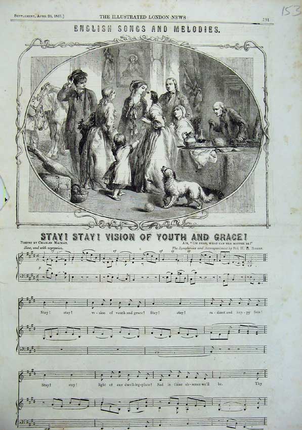 Original Old Antique Print English Songs Melodies 1857 Vision Youth Grace Music