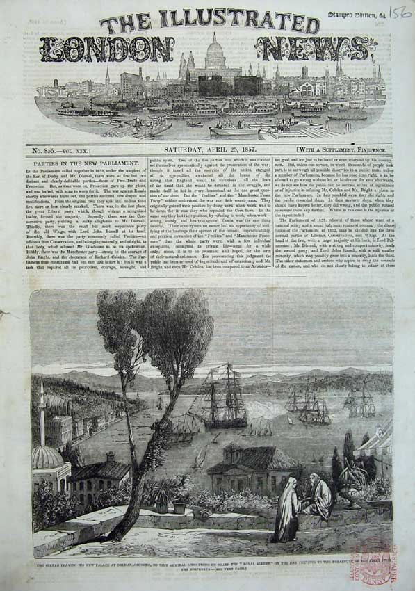 Old Antique Print 1857 Sultan Palace Dolmabaghdsche Royal Albert Ship Sea 19th
