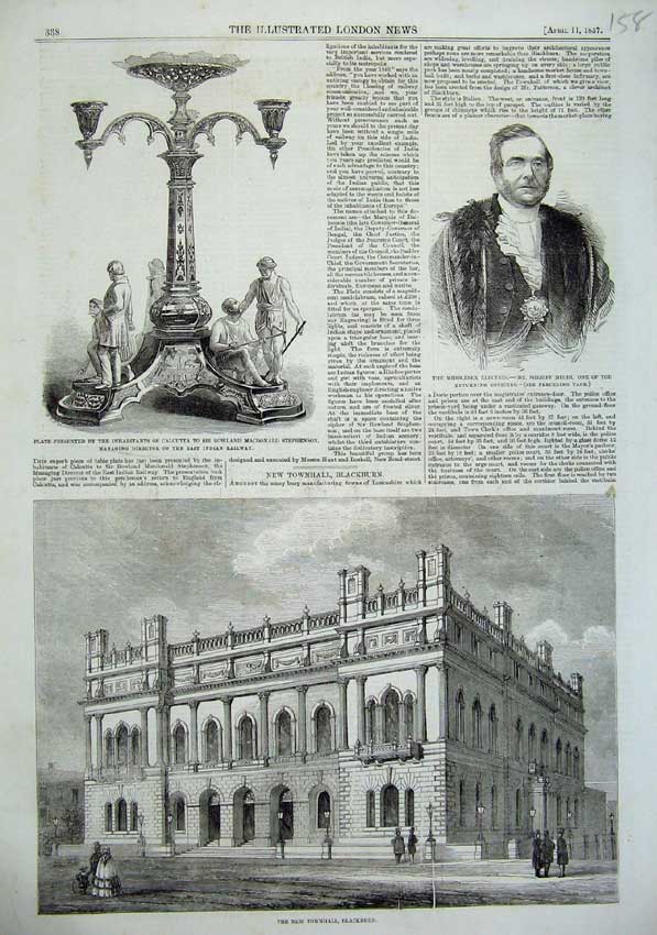 Original Old Antique Print Townhall Balckburn 1857 Sheriff Mechi Indian Railway