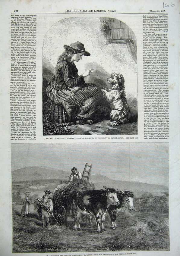 Old Antique Print 1857 Haymaking Switzerland Cattle Girl Begging Dog Art 19th